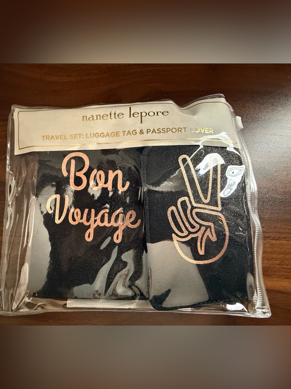 Nanette Lepore Black Travel Tag & Passport Cover Set with Rose Gold Accents
